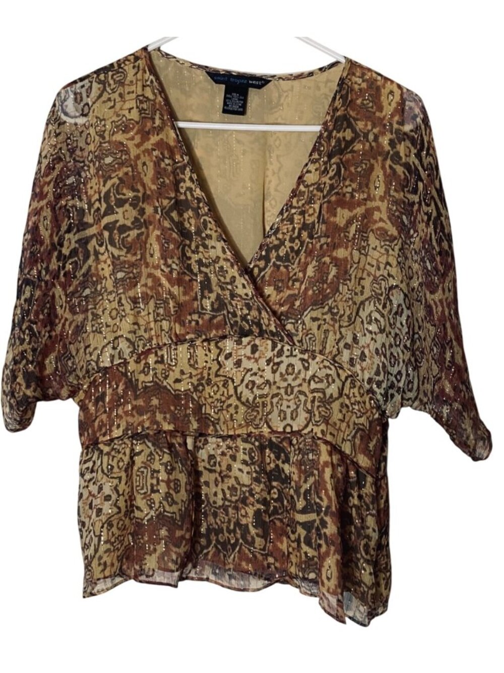 Saint Tropez West M 100% Silk Blouse Y2K Boho Metallic Gold V Neck Dolman Top